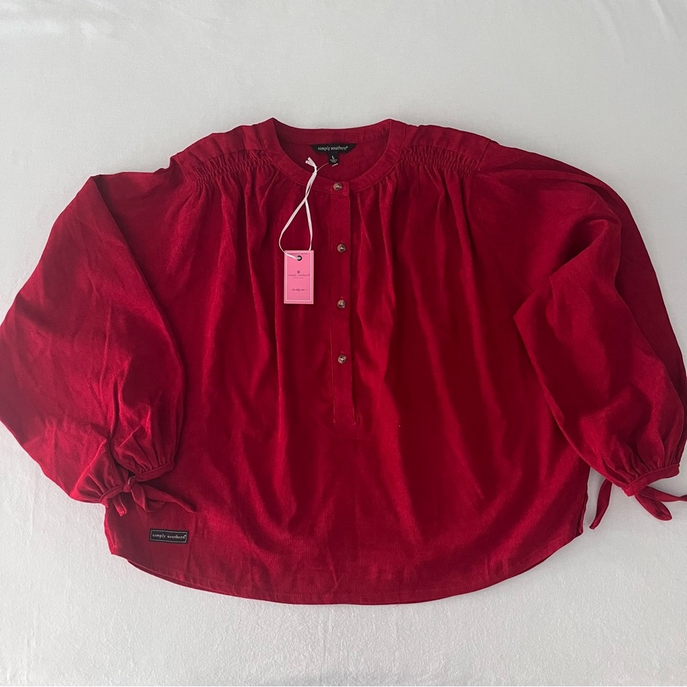 Simply Southern Red Corduroy Boxy Bubble Sleeves Cottagecore Boho Blouse L NEW
